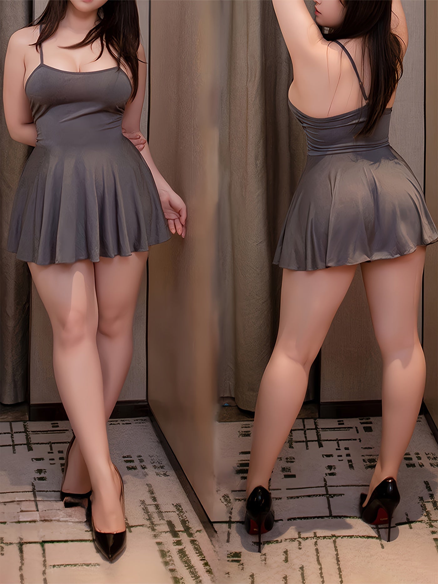 Jozibali ichki kiyim to'plami, qiya bo'yin, orqa qismi ochiq slip ko'ylagi va thong. Ayollar uchun sexy ichki kiyim.