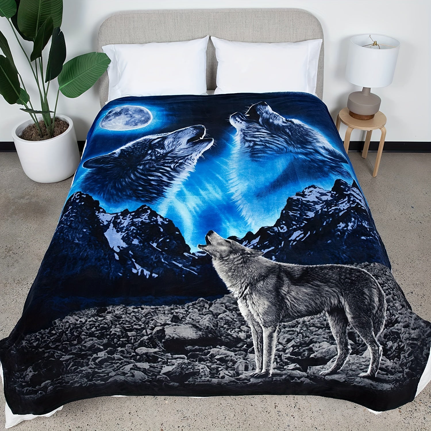 Fleece Blanket with Howling Wolf and Elephant Print for Couch Bed Travel