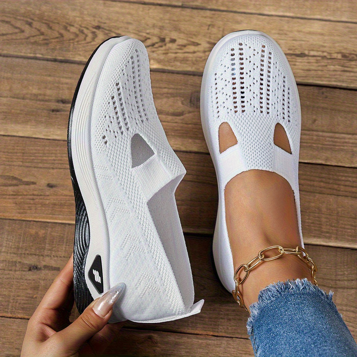 Ayollar uchun nafas oladigan tarmoqli slip-on sport poyabzali, engil yurish uchun, rezina taglik