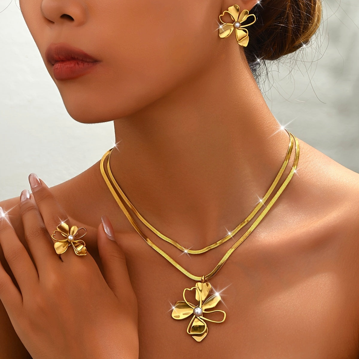 Set of Five Stainless Steel Jewelry Pieces with Double-Layer Snake Bone Chains Imitation Pearl Flower Accents