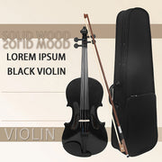4/4 Solid Wood Violin Black for Beginners with Chin Rest and Case