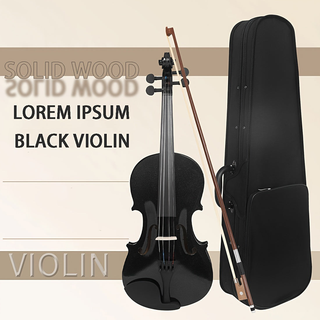 4/4 Solid Wood Violin Black for Beginners with Chin Rest and Case