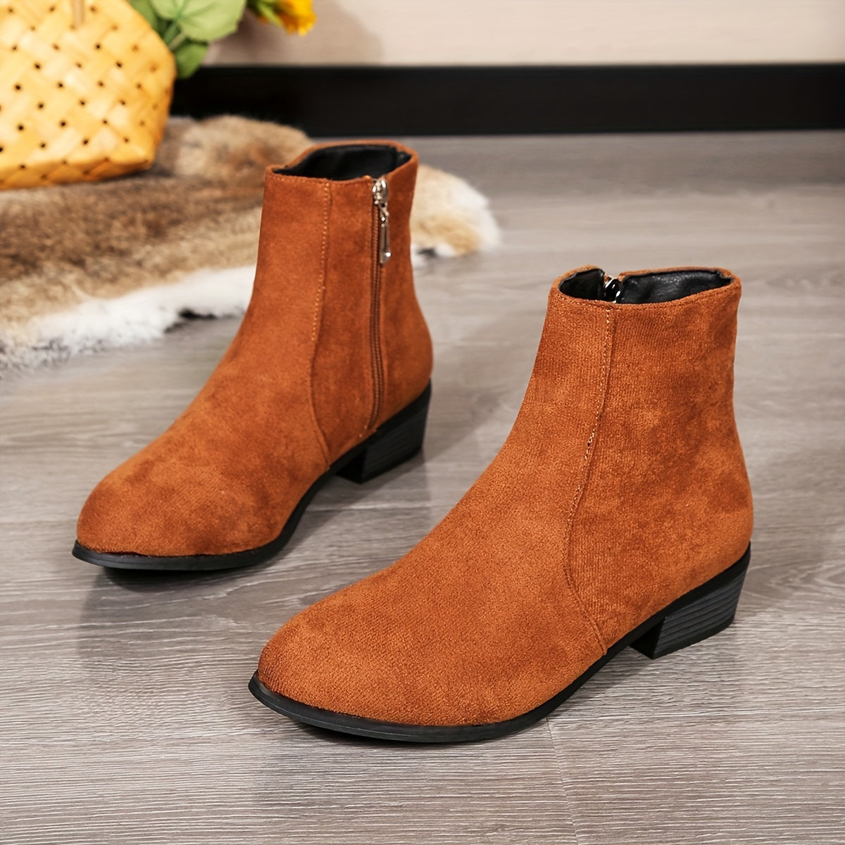Women Solid Color Casual Ankle Boots Pointed Toe Zipper Block Heel