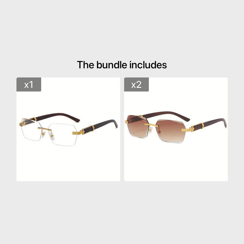 Unisex Rimless Rectangular Glasses with Faceted Lenses and Imitation Wood Temples