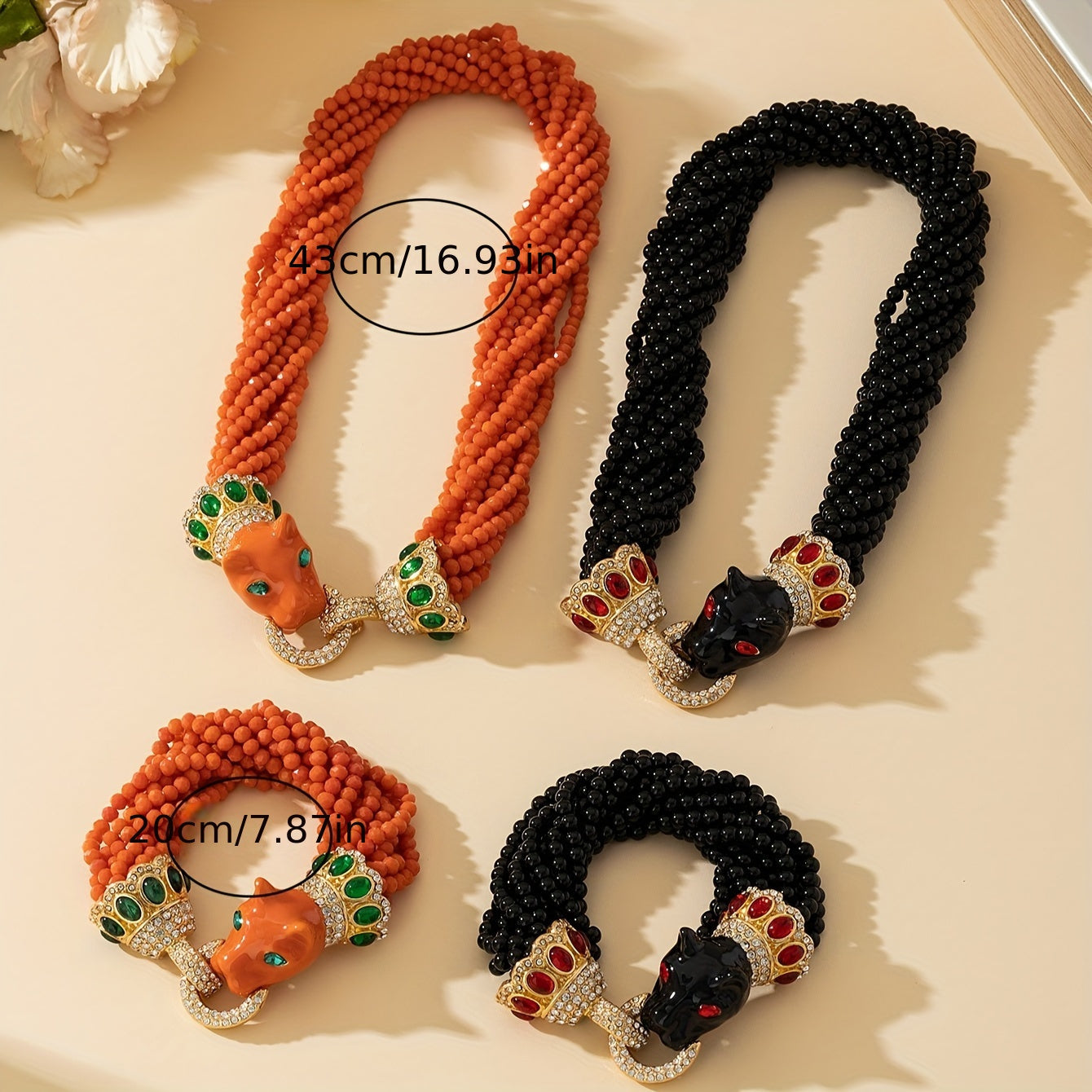 Leopard Print Necklace and Bracelet Set with Glass Beads and Enamel Chain for Women