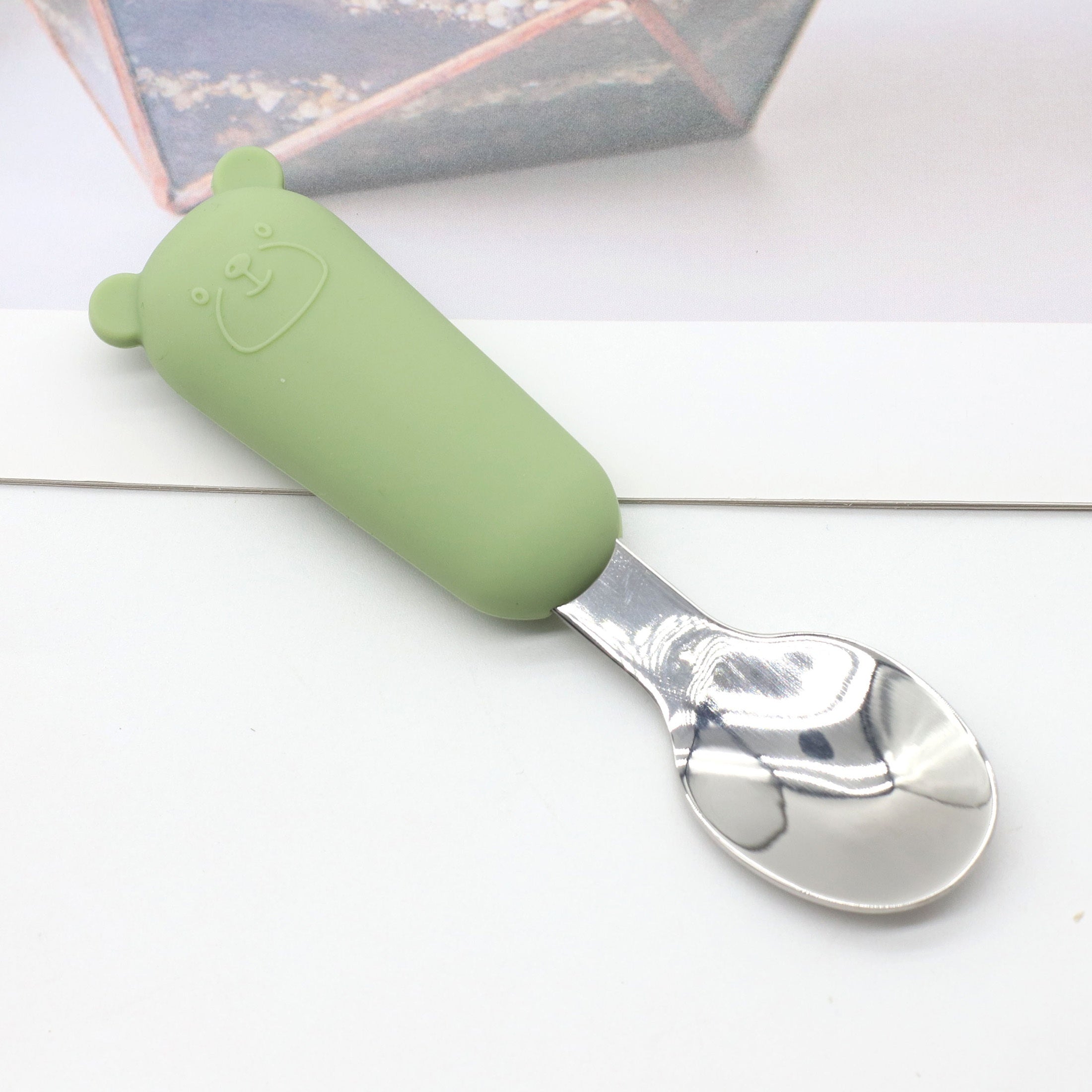 Baby Feeding Utensils Set Silicone and Stainless Steel Bear Shape for Babies Red Blue