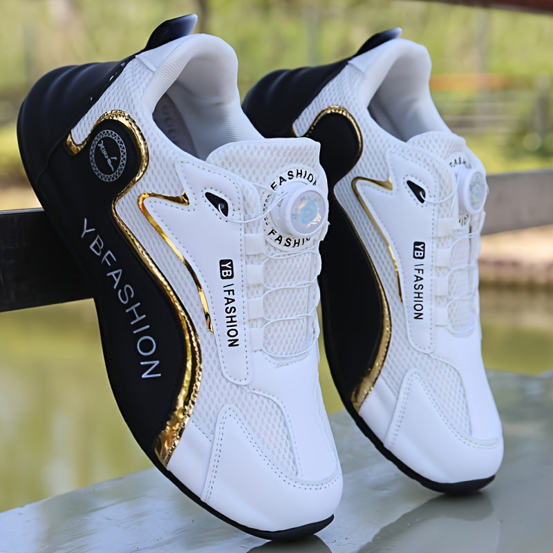 Men's White Mesh Athletic Sneakers with Rubber Sole and Gold Accents