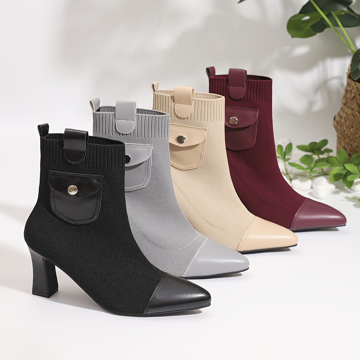 Women's Solid Color Pointed Toe High Heel Ankle Boots with Elastic and Thick Heels