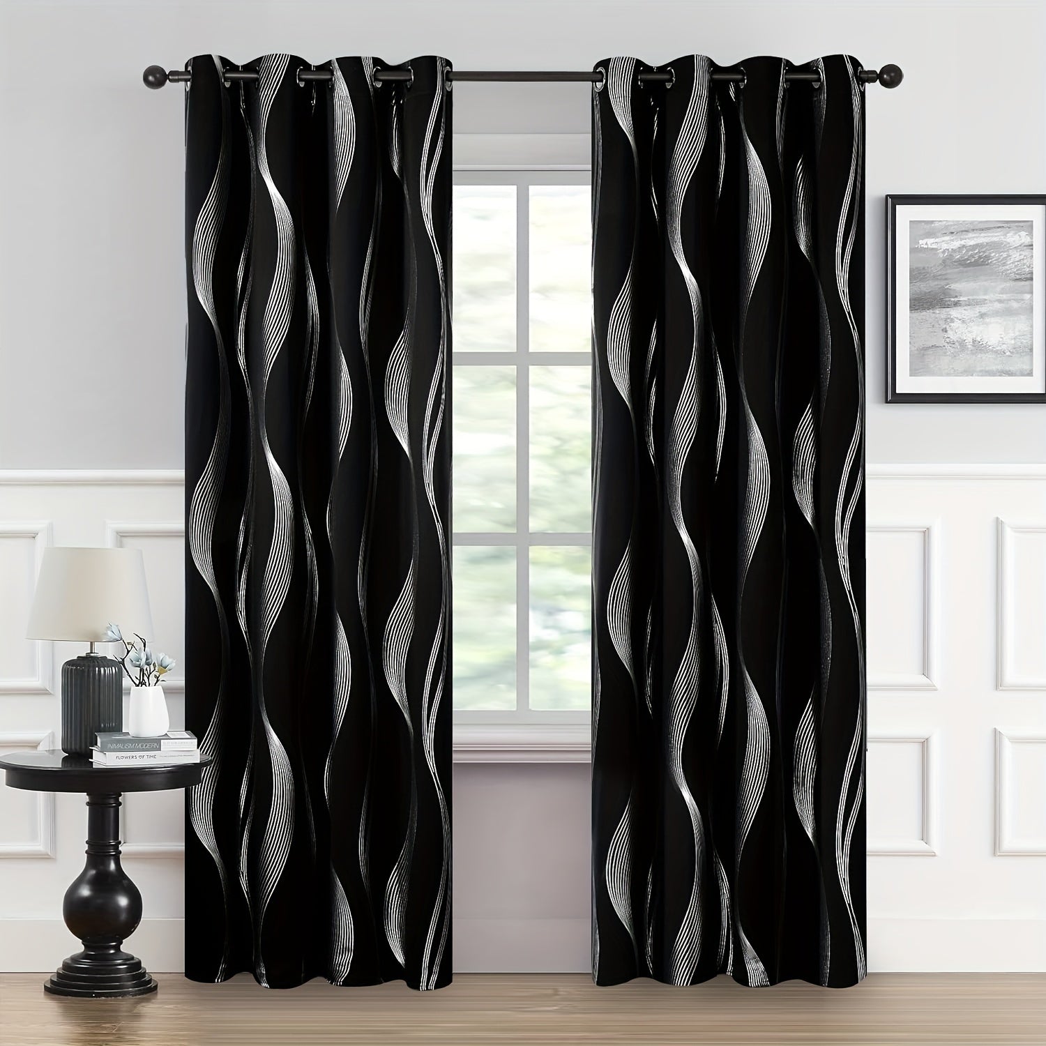 Contemporary Blackout Curtains 2 Pieces Woven Polyester Grommet Top Room Darkening