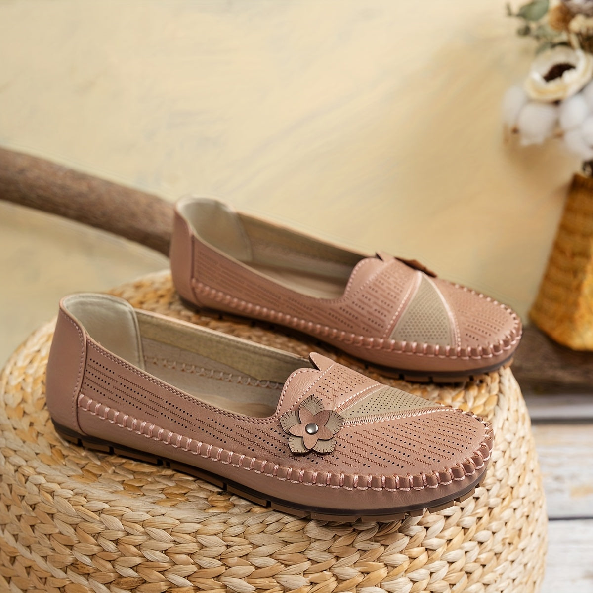 Women's Breathable Flat Shoes with Floral Embellishment and Bow in Beige
