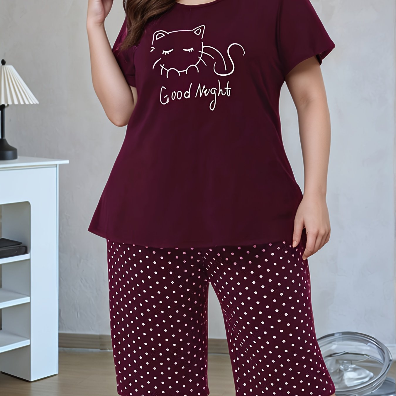 Women's Cotton Pajama Set Kitten Print Short Sleeve Sleepwear Large Size