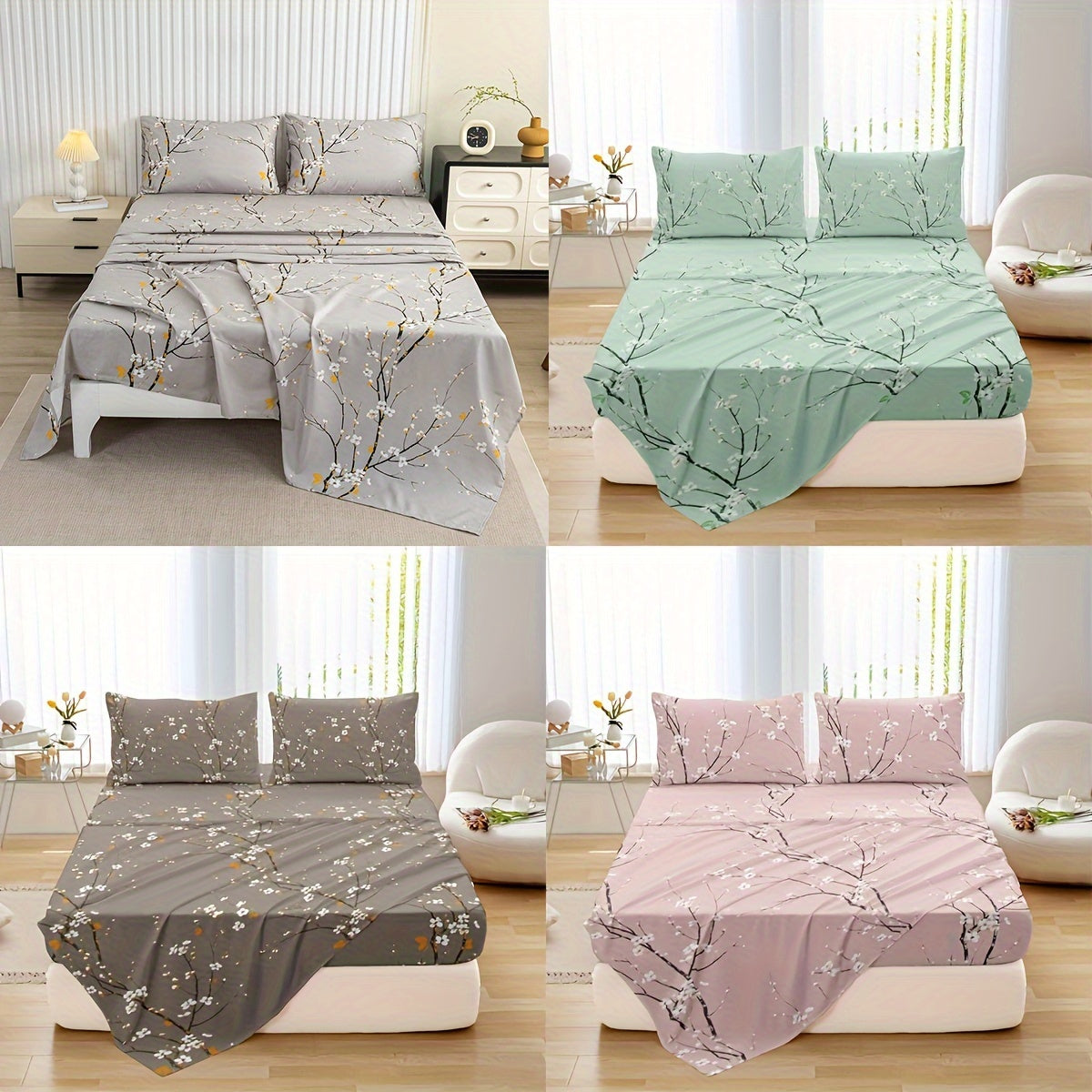 Set of Four Flower Print Fitted Sheets with Pillowcases Breathable Soft Cotton