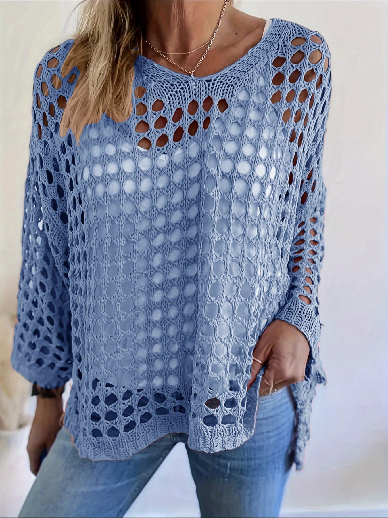 Top de encaje de crochet para mujer talla grande con manga larga y escote en V verde