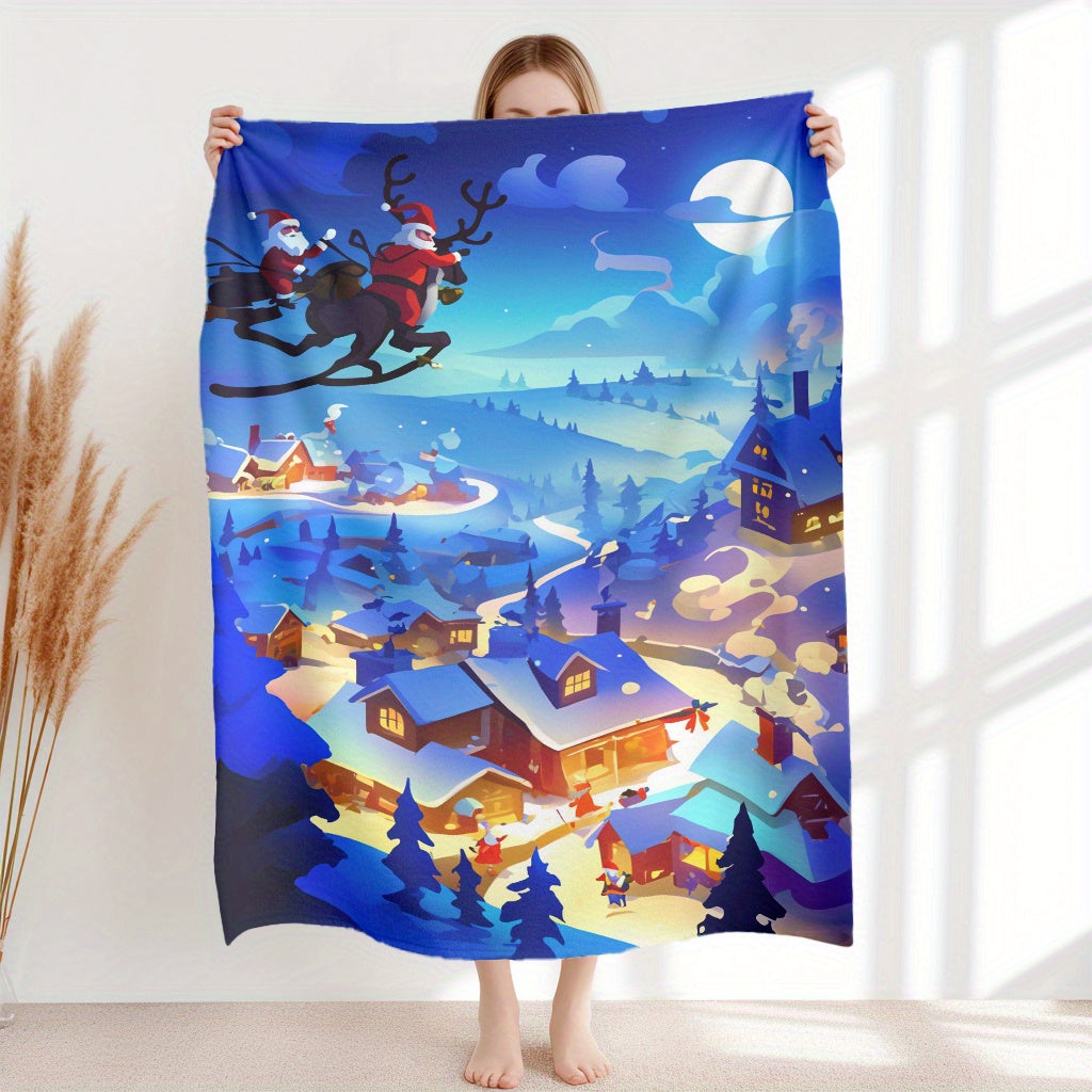 Night Sky and Snowy Village Flannel Plush Blanket Lightweight Throw for Home Office Travel