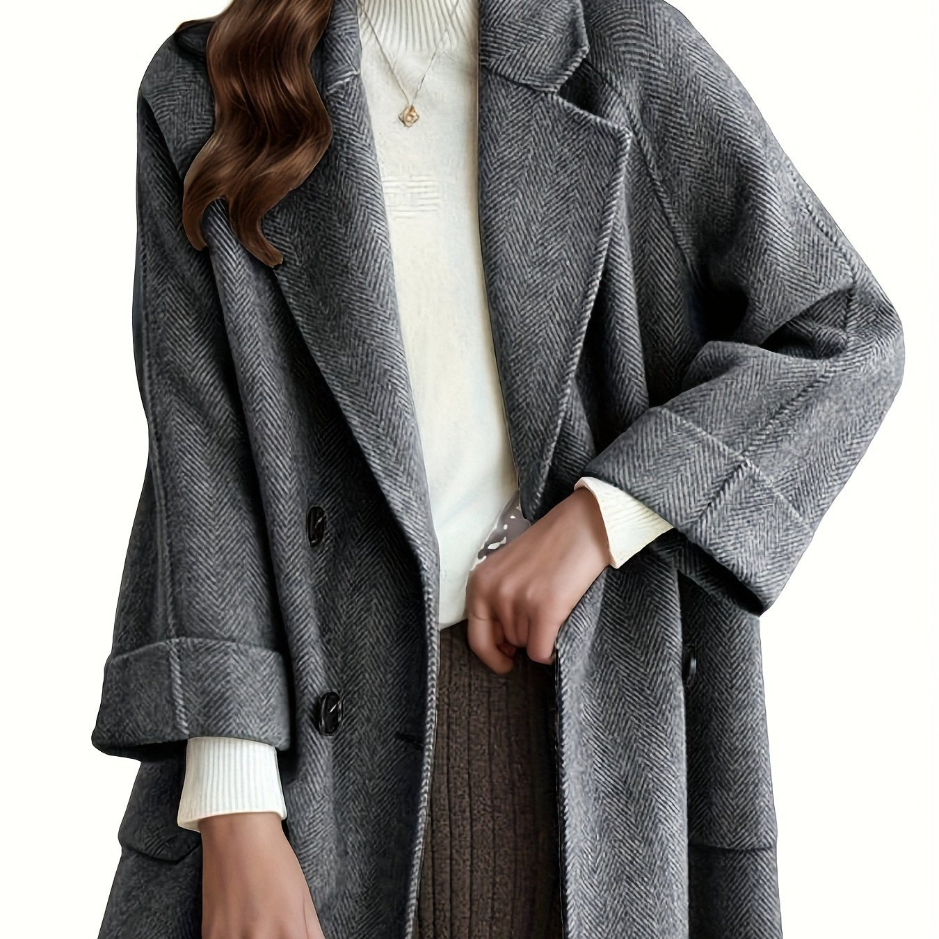 Women's Light Blue Striped Trench Coat with Pockets Long Sleeves Fall Winter Casual Textured Fabric