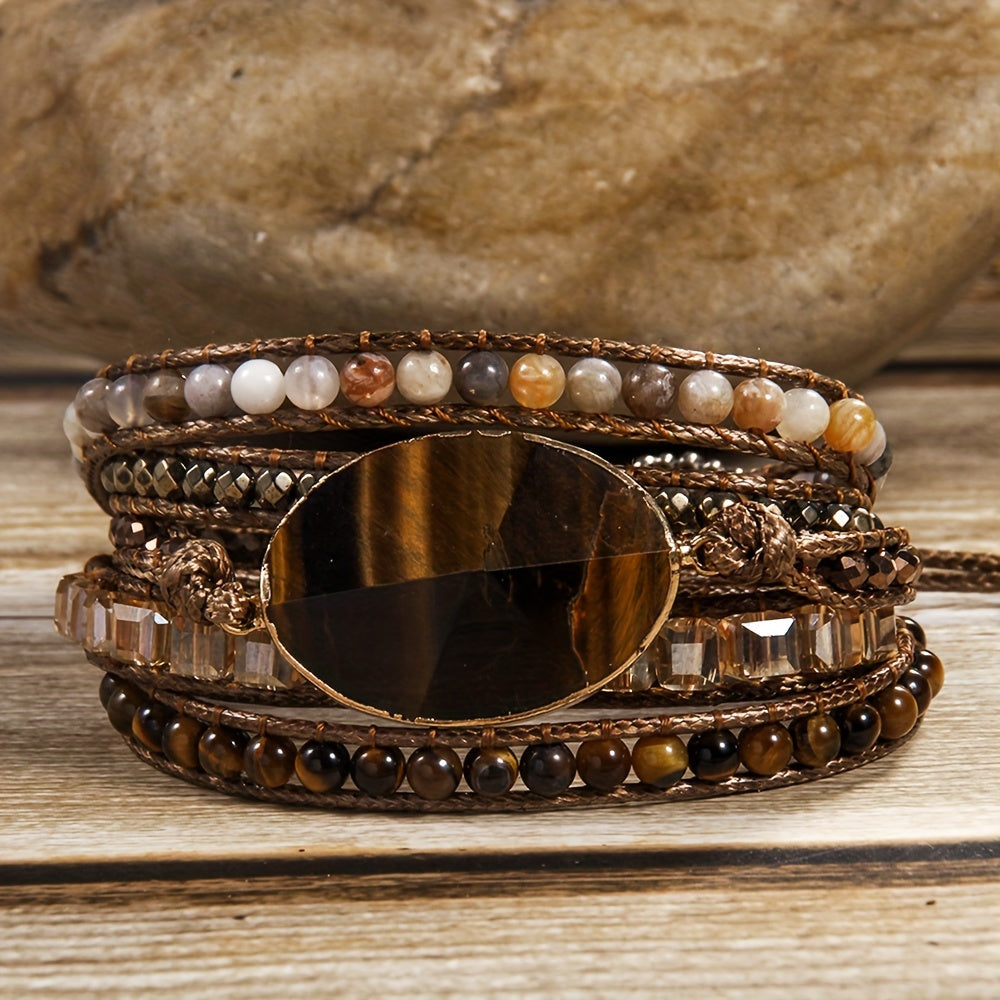 Pulsera ajustable bohemia de vacaciones con cuentas de piedra natural, hematita de vidrio, 5 hilos, corazón naranja, conexión gris