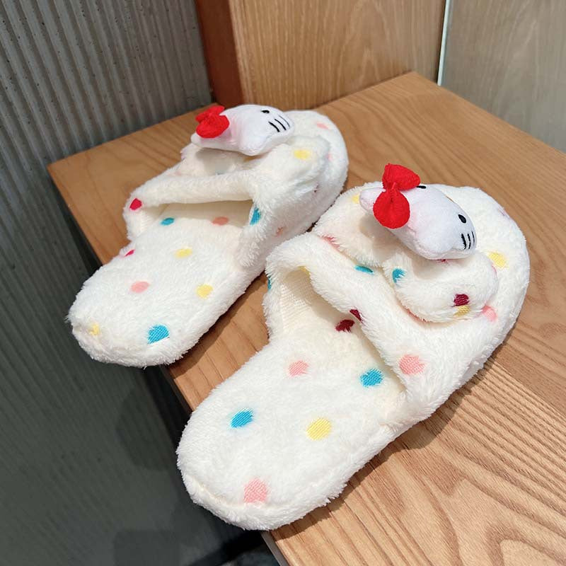 Women's Plush Polka Dot Slippers with Red Bows Fleece Lining Indoor House Shoes