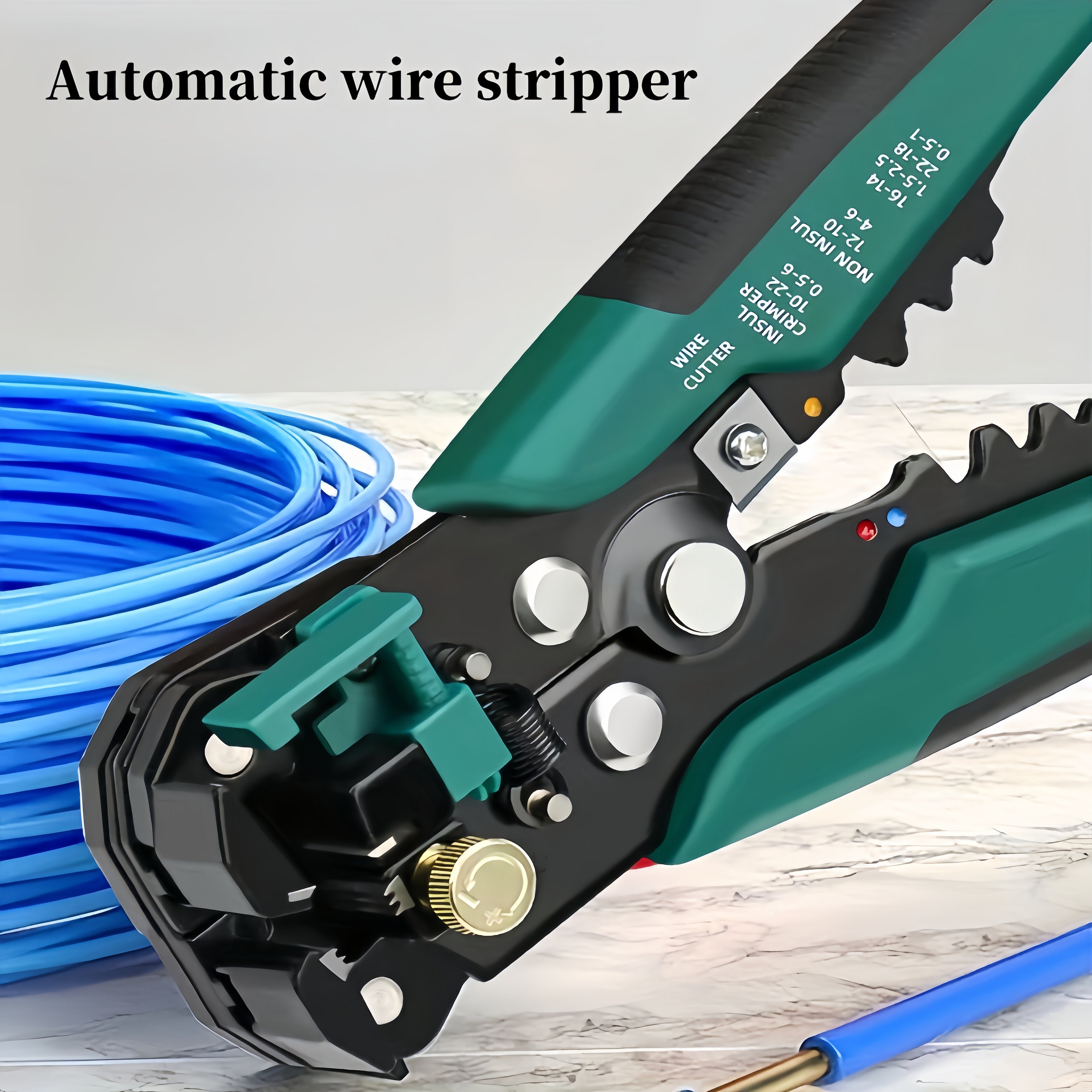 Automatic Wire Stripper and Cutter for Electricians with Self-Adjusting Insulation and Built-In Crimper