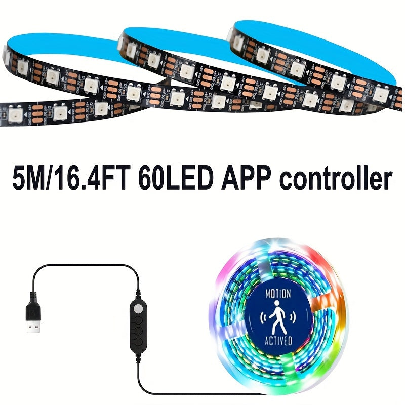 5M RGB LED Strip Lights with Motion Sensor Music Sync for TV Bedroom Gaming