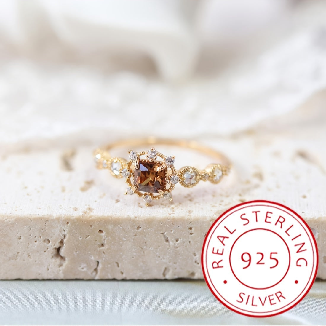 Murakkab 3.1g Oltin qoplamali 925 Sterling Kumush Shampan va Olmos Halqa - Geometrik Qahva Dizayni, Sintetik Dekabr Tug'ilgan Kuni To'pi, U uchun Ideal 14 Fevral Hediye