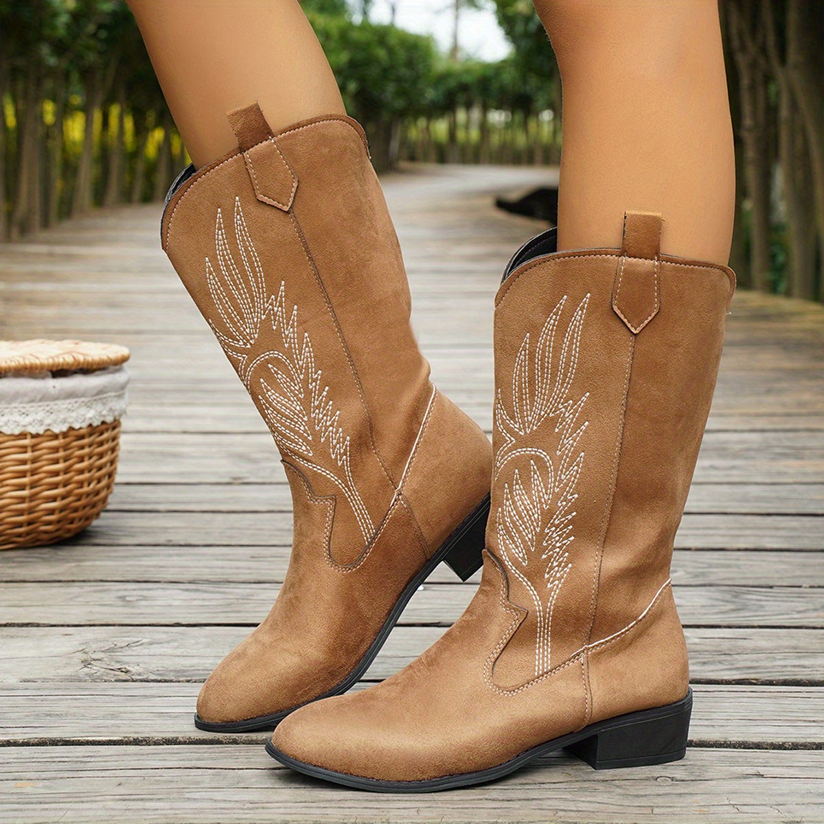 Women's Leather Slip-On Cowboy Boots with Floral Embossed Design Brown