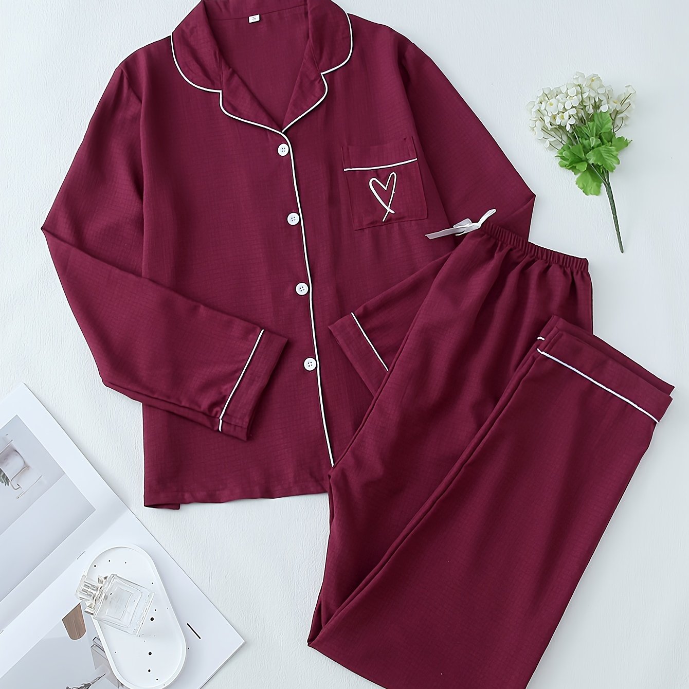 Women's Heart Print Pajama Set Long Sleeve Button Top Elastic Waistband Pants Fall Lounge Sleepwear