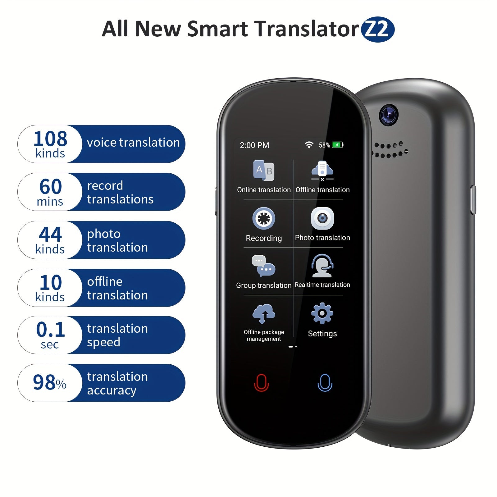 Smart Language Translator Device with Offline and Online Voice and Photo Translation for 138 Languages