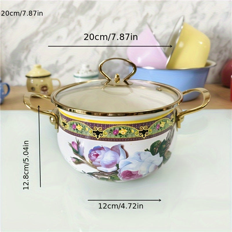 Enamel Stew Pot with Stainless Steel Handle and Transparent Cover for Gas and Electric Stoves