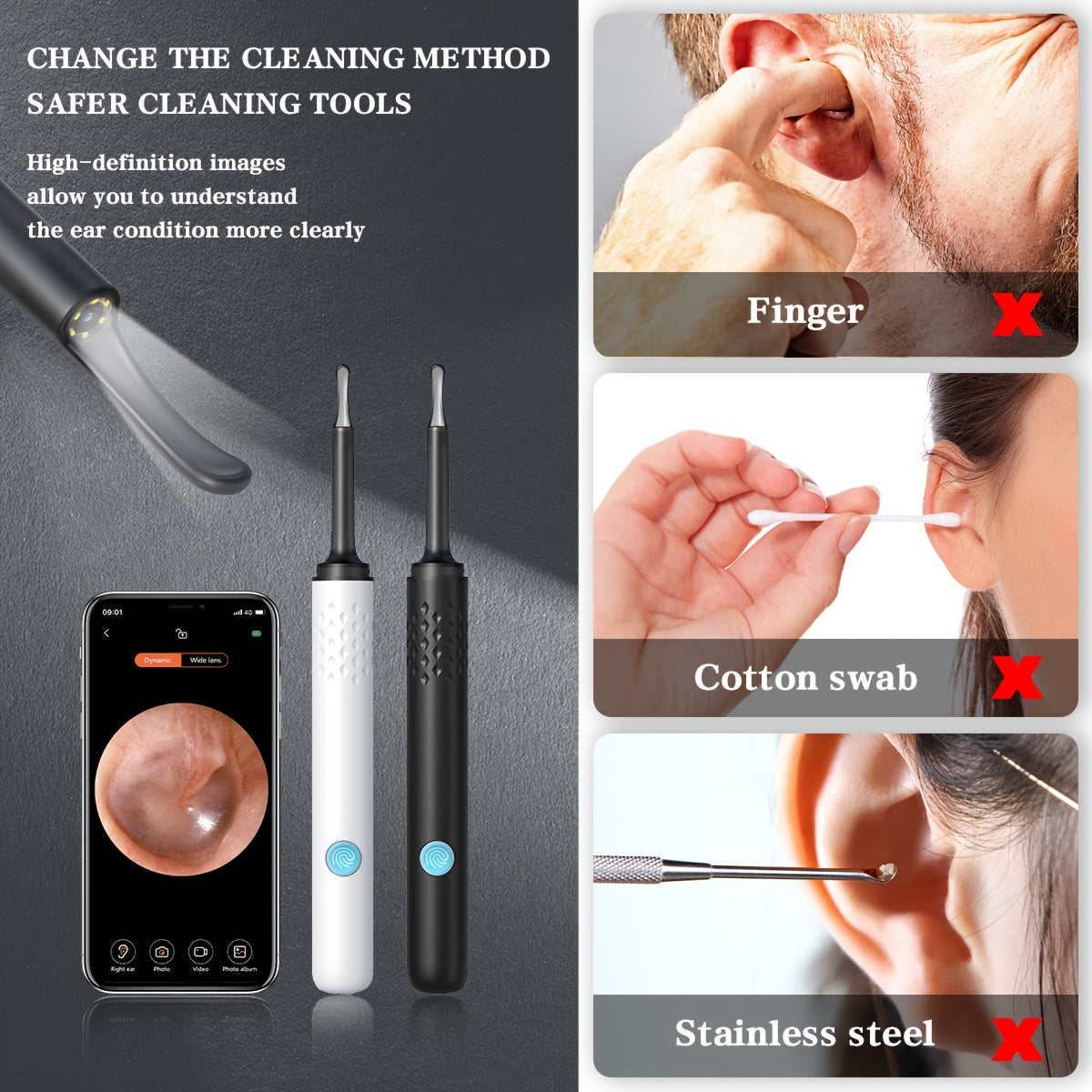 Katta yoshdagilar uchun kamera, yorug'lik va 4 ta uchi bo'lgan quloq mumini olib tashlash vositasi.