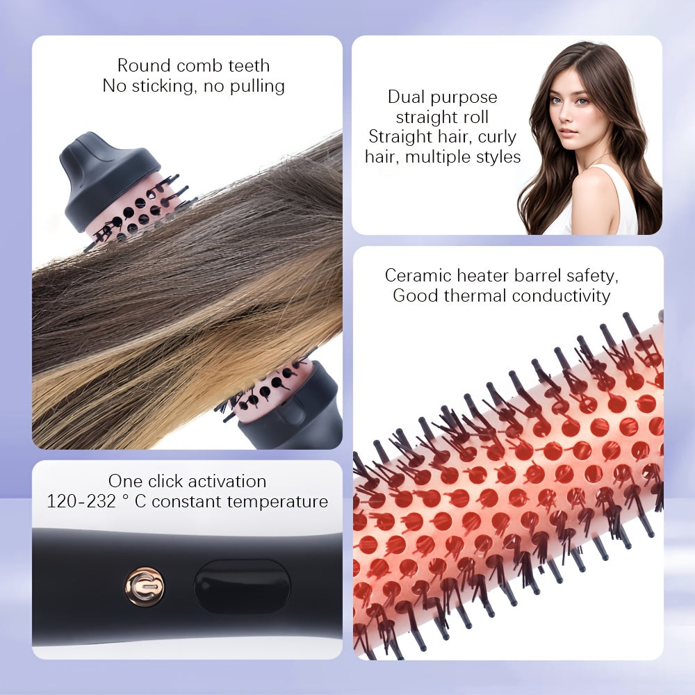 2-in-1 Curling and Straightening Heat Brush with Ceramic Round Brush Thermostatic Control
