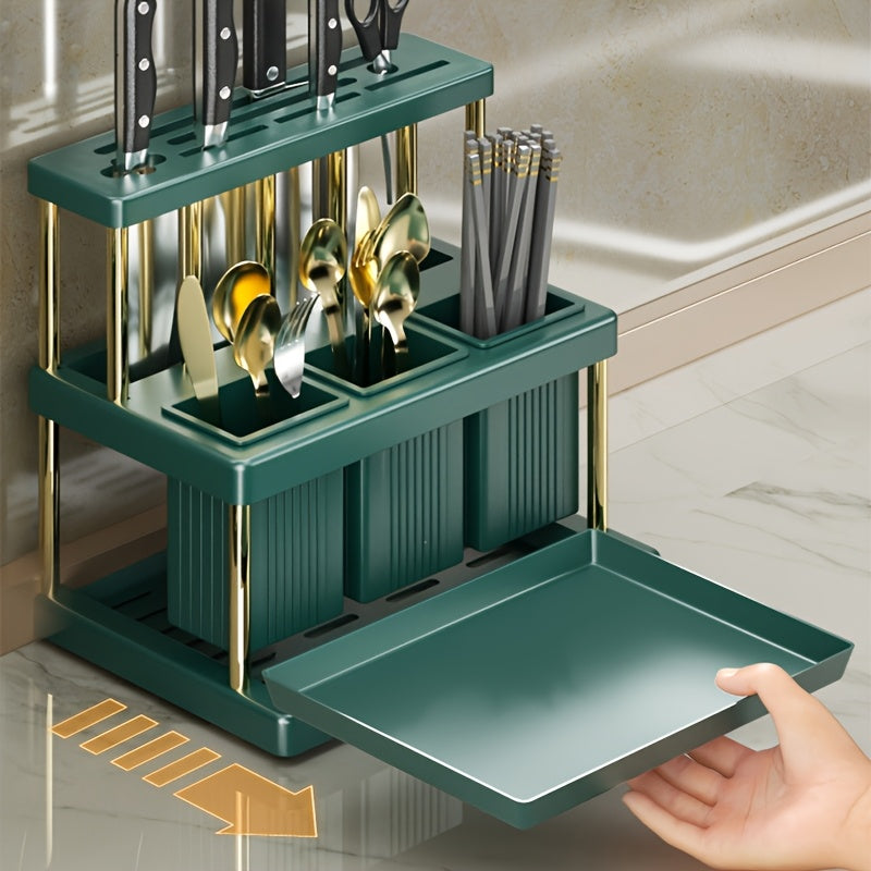 Metal Utensil Organizer with Knife and Fork Storage Draining System