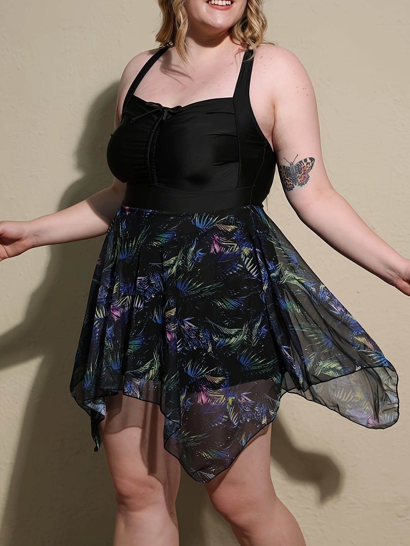 Plus Size Lace-Up Front Skirted Swimsuit with Removable Padding and Contrast Mesh