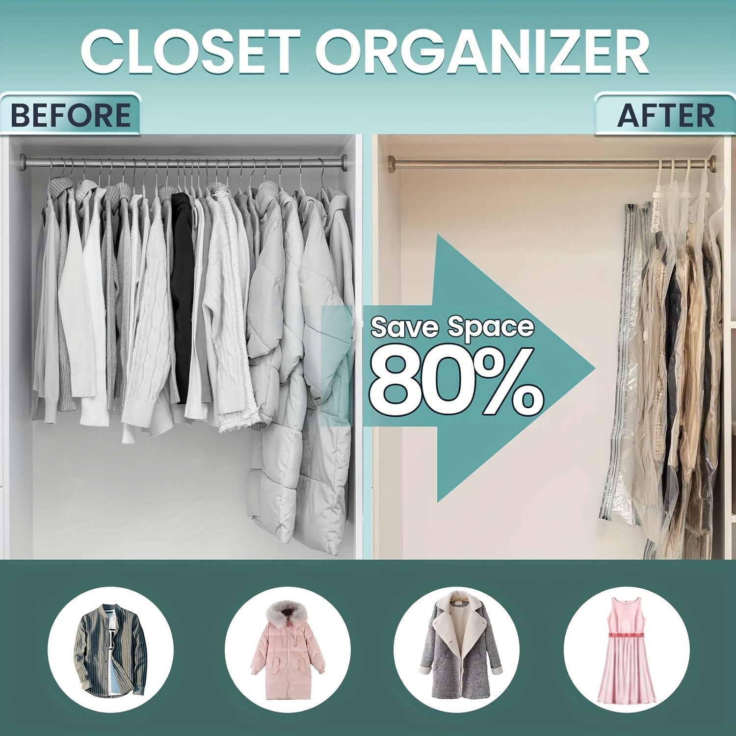 Large Capacity Vacuum Storage Bag for Clothes Space-Saving Closet Organizer for Suits Dresses Jackets