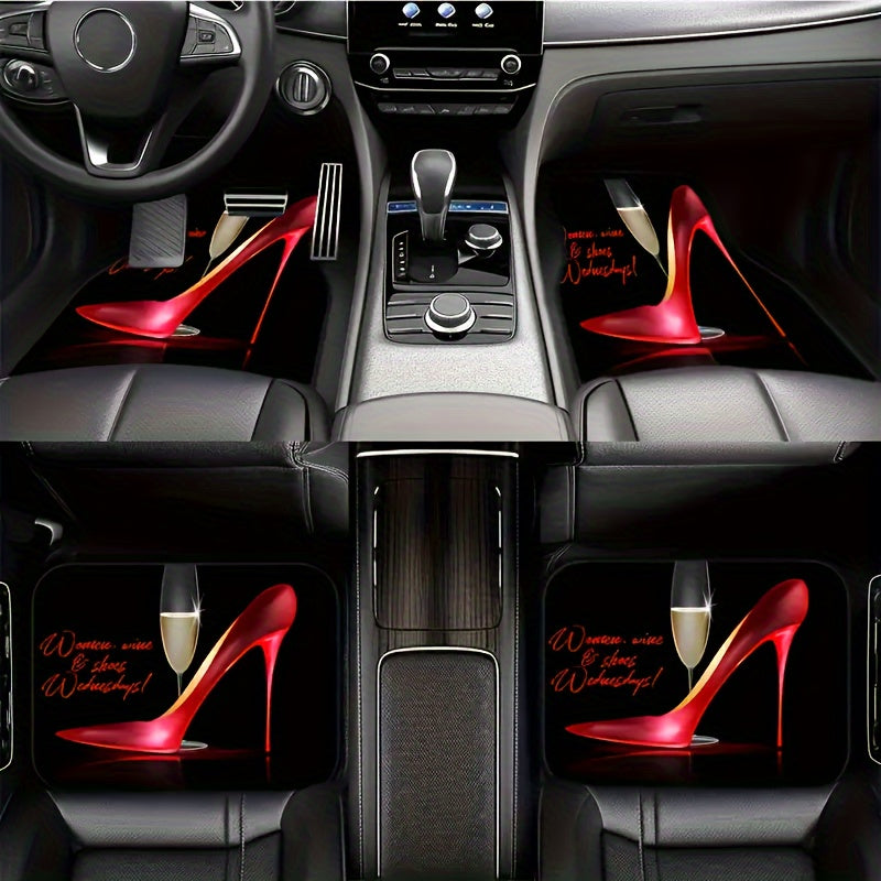Red High-Heel Patterned Car Floor Mats Waterproof Non-Slip Durable 4 Pcs