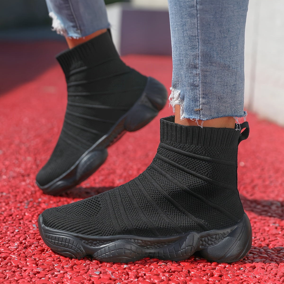 Women's Slip-On Platform Mid-Calf Boots Breathable Fabric All-Season Light Blue