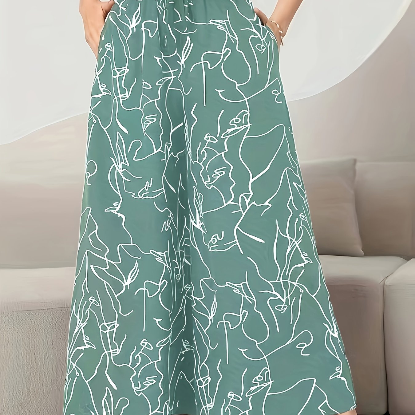 Women's Wide-Leg Floral Print Pants High Waist Ruffle Detail Spring Fall Polyester