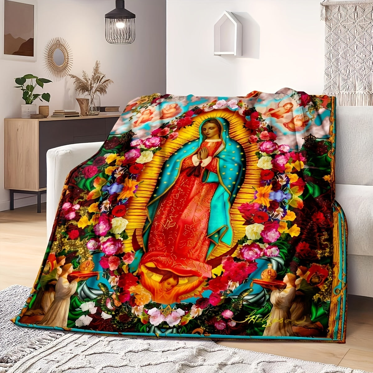 Virgin Mary Prayer Healing Blanket Flannel Throw Reversible Microfiber Decorative Cover