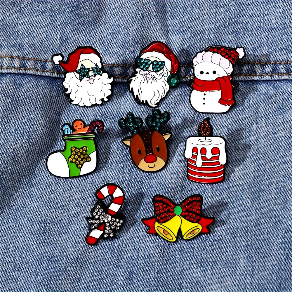 Set of 8 Cartoon Christmas Enamel Brooches Holiday Holiday Lapel Pins Jewelry Accessories