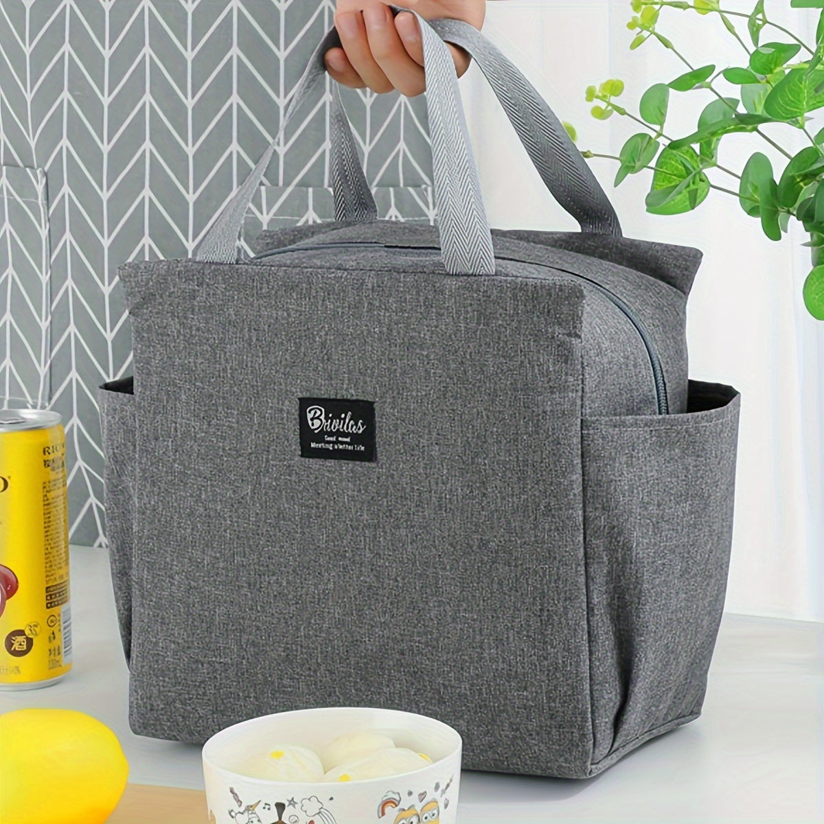 Insulated Lunch Bag with Two Pockets Oxford Cloth Durable Hand Washable for School Work Picnic Beach