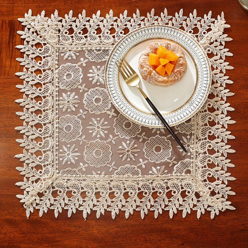 Polyester Table Runner with White Embroidery Flowers and Lace Edge for Dining or Room Decor