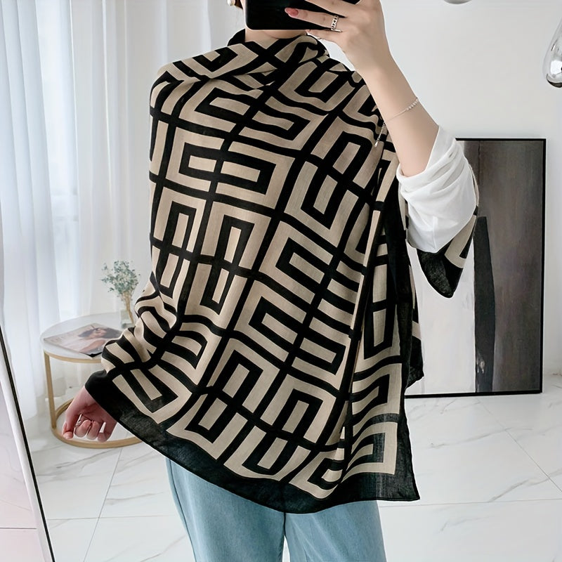 Women's Geometric Maze Scarf Breathable Lightweight Beige Black Sun Protection