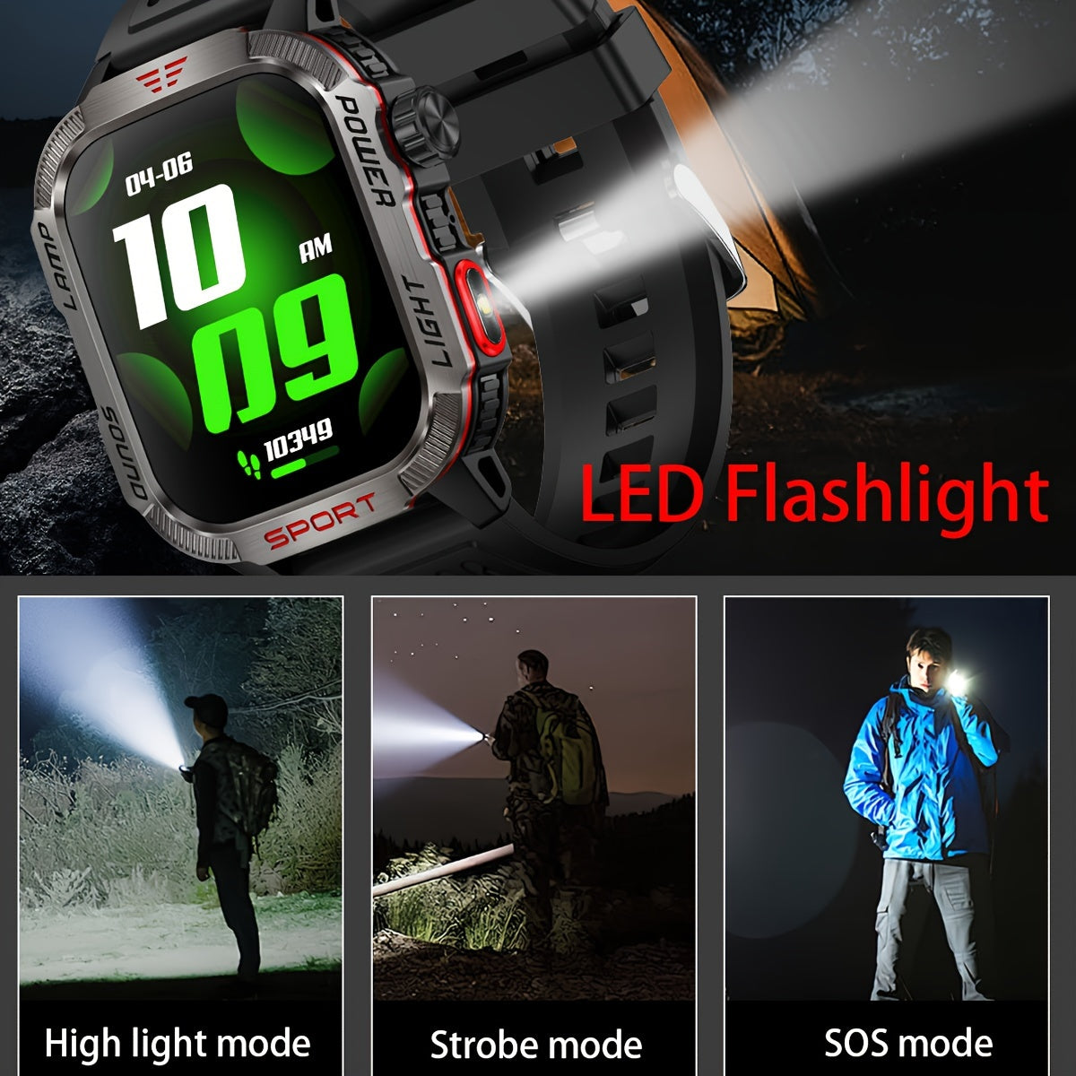 Outdoor Waterproof Smartwatch with Wireless Call Fitness Tracking and LED Flashlight