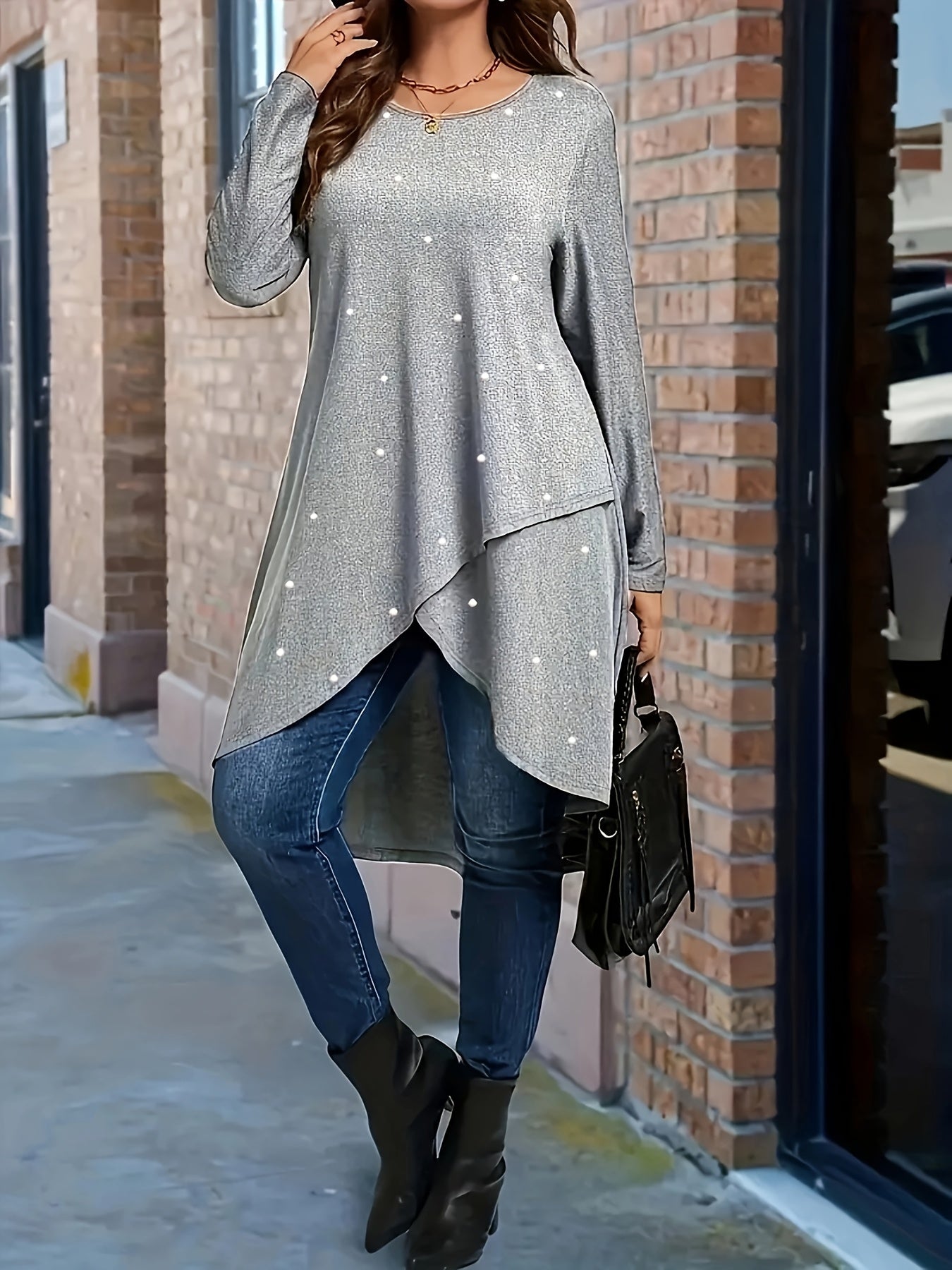 Plus Size Pearl Embellished Knit Tunic Top Crew Neck Long Sleeve Solid Color