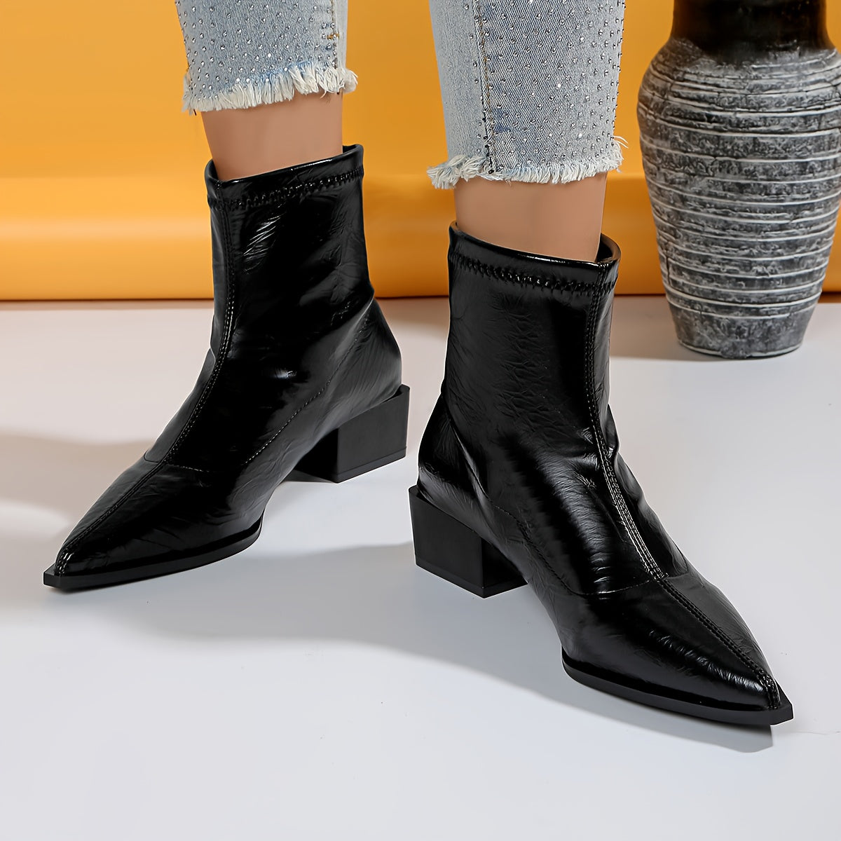 Women's Black Pointed Toe High Heel Boots Stylish Elegant