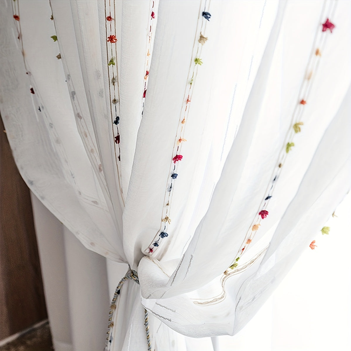 Colorful Stripe Tufted Sheer Curtain for Living Room and Bedroom Decor