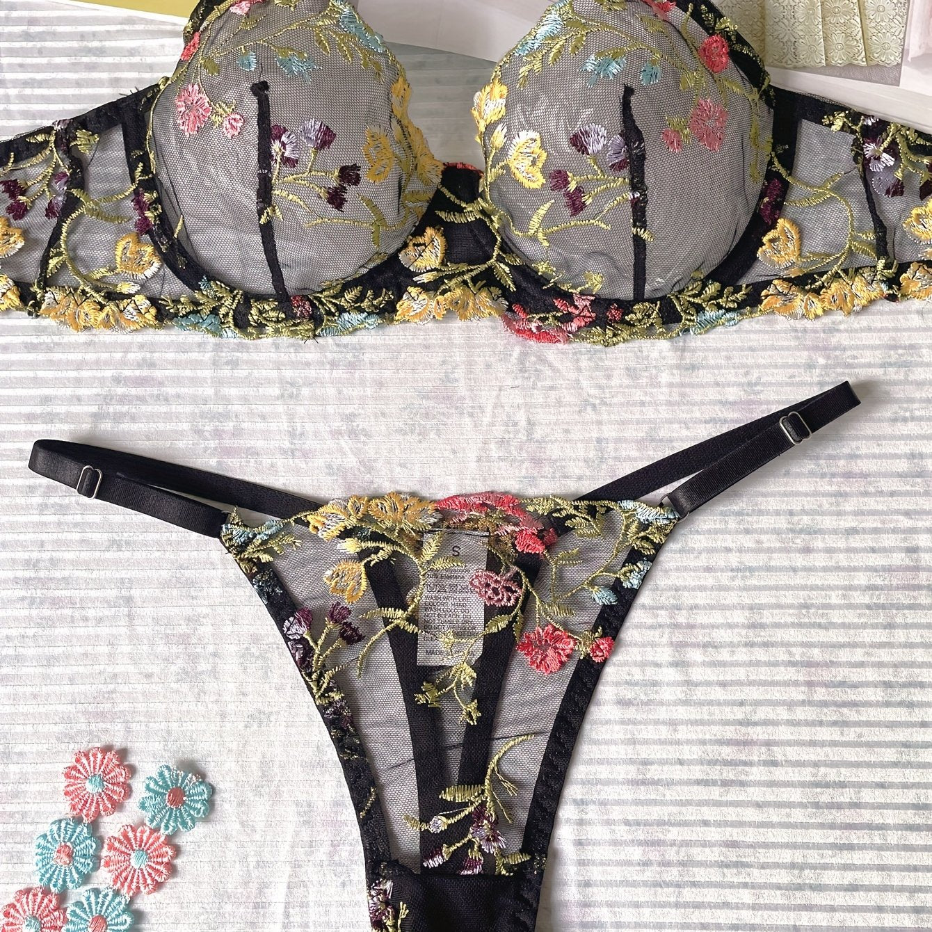 Women's Floral Embroidered Sheer Lingerie Set with Bra and Thong
