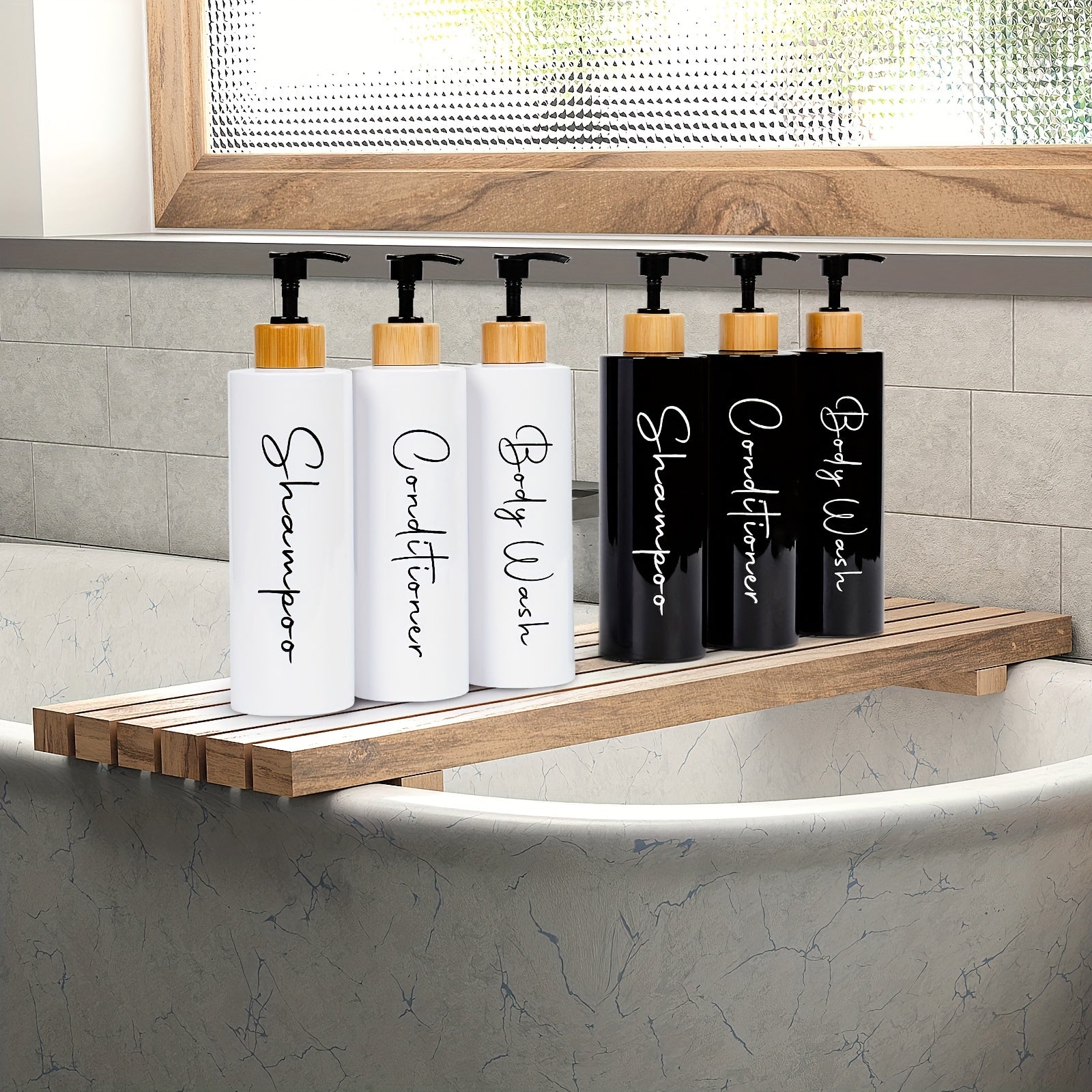 3-Piece Black and White Shampoo and Conditioner Dispenser Set 27 oz Refillable Pump Bottles