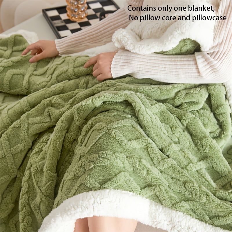 Luxurious Green Double-Layer Taffeta Fleece Blanket with Lamb Velvet and Cuff for All Seasons