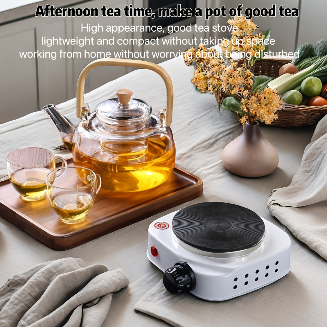 Электрическая обогревающая плита с чайником, чугунная плита, 5 уровней регулировки огня, компактная для дома и кемпинга, 220-240 В