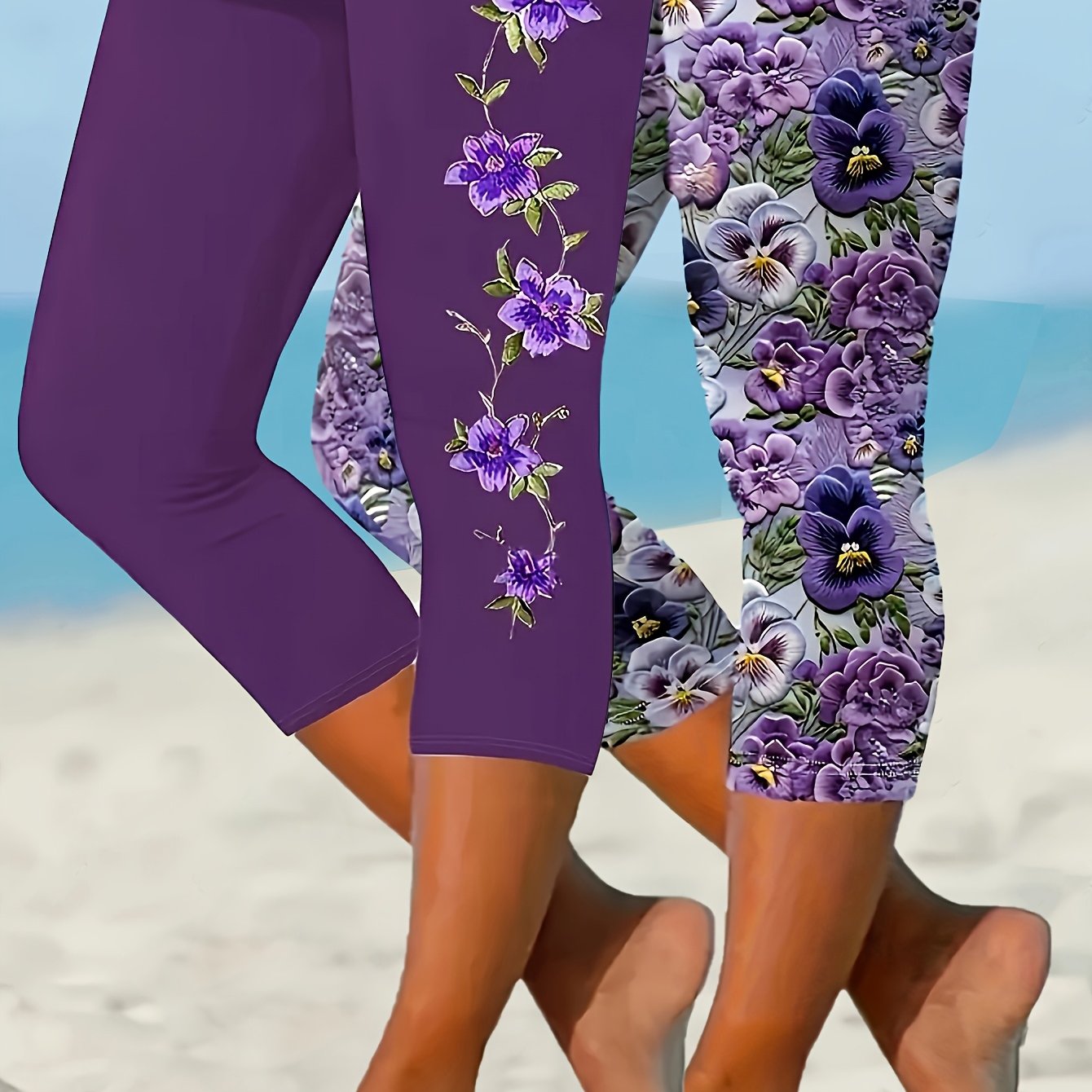 Plus Size Womens Floral Print Capri Leggings 2 Pack Stretchy Comfortable Purple Mid-Calf